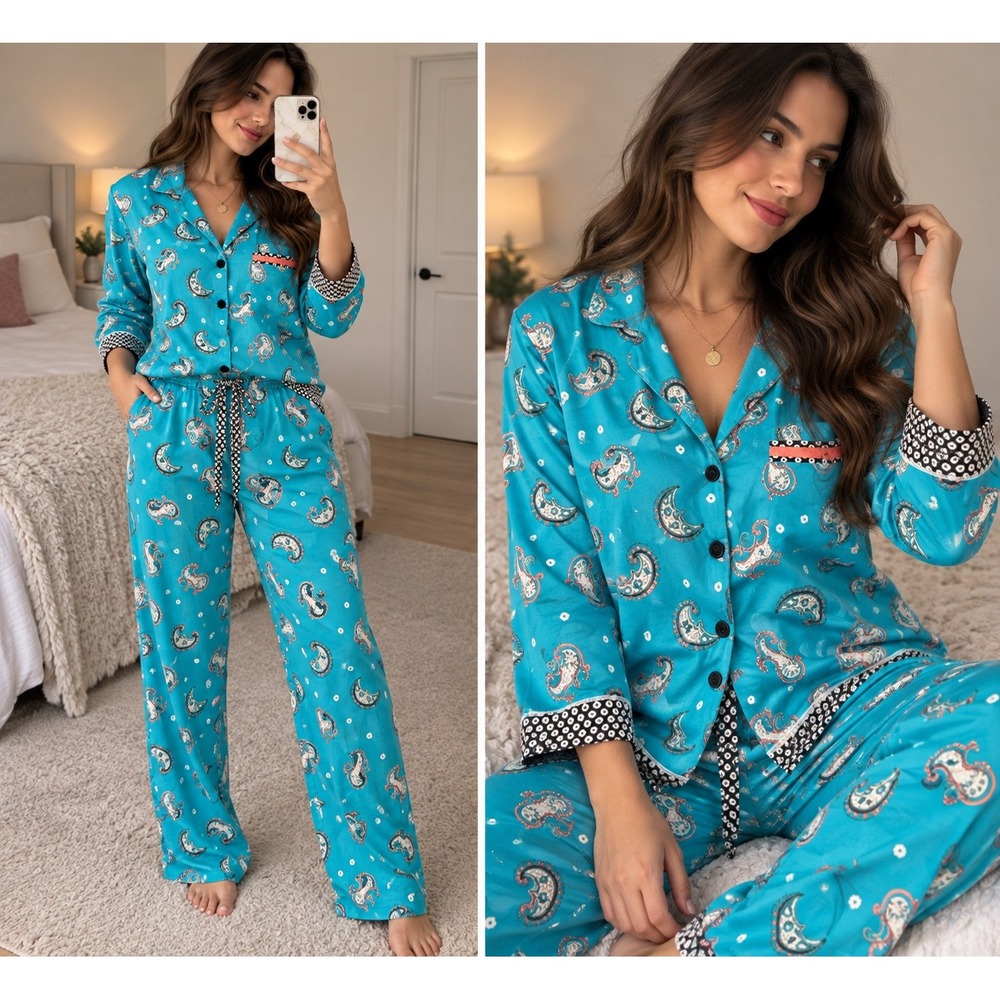 Ellen Tracy Womens Paisley Pajama Set Turquoise Blue Cotton Rayon Size M 13305